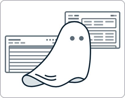 A simple illustration of a ghost character in front of two stylized web browser window outlines. The ghost has two circular eyes and a small smile, representing a playful or friendly design. This image is commonly used as an empty state or “nothing found” placeholder in user interfaces, indicating no search results or data to display.