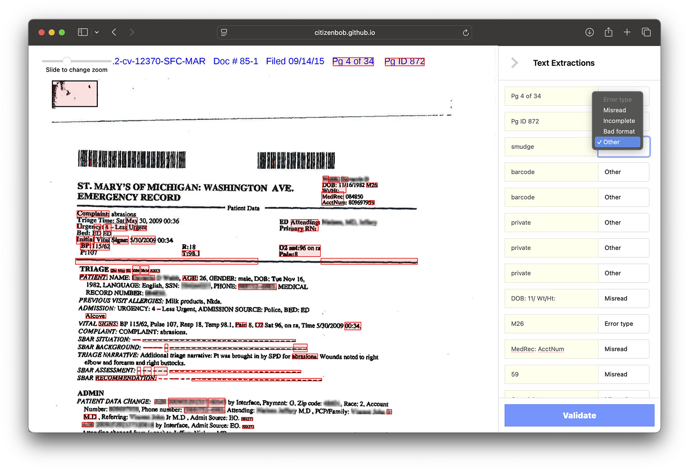 A web application interface for validating OCR text extractions from a scanned emergency room record is displayed. On the left, a redacted emergency document from “St. Mary’s of Michigan: Washington Ave. Emergency Record” includes patient data, triage notes, barcodes, and highlighted OCR regions in red. On the right, a “Text Extractions” sidebar lists detected items such as “Pg 4 of 34,” “Pg ID 872,” “smudge,” “DOB: 11/ Wt/Ht,” and others, each paired with a dropdown to classify error types like “Misread,” “Bad format,” and “Other.” One dropdown is currently expanded, showing selectable error types. A blue “Validate” button appears at the bottom.