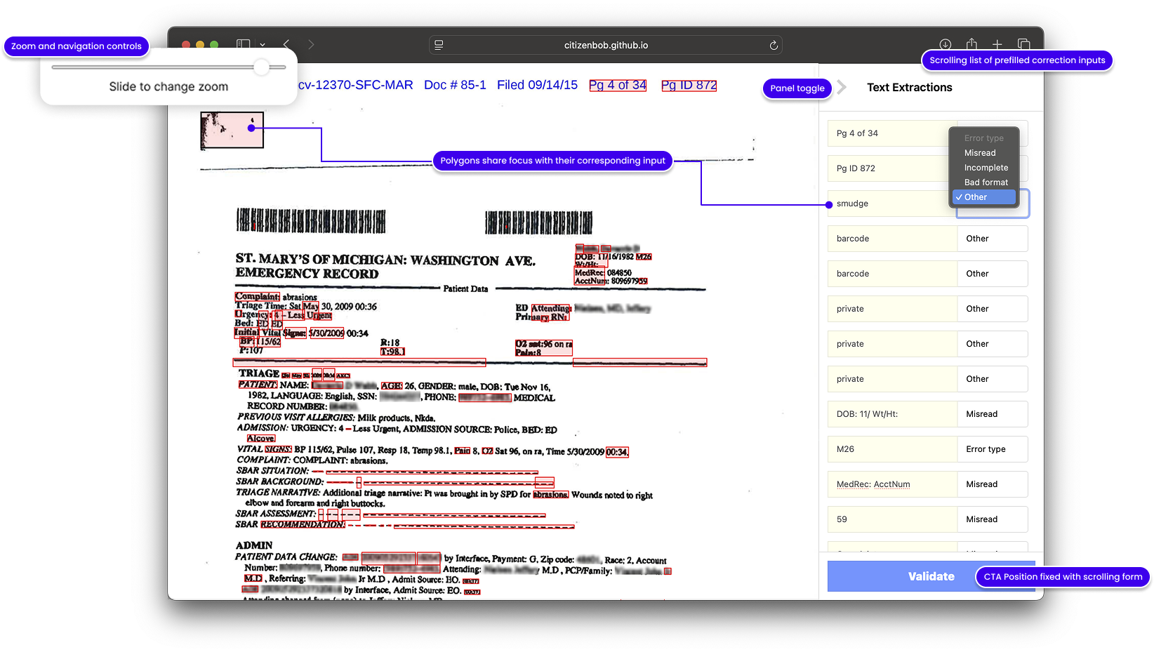 A labeled UI mockup demonstrates a machine learning training interface for correcting OCR errors on a scanned emergency medical record. On the left, the redacted document is overlaid with red-highlighted polygons indicating extracted text. On the right, the “Text Extractions” panel displays a scrollable list of extracted items paired with dropdowns for error classification (e.g., “Misread,” “Bad format,” “Other”). Labels annotate key UI features: “Zoom and navigation controls” for the slider, “Panel toggle,” “Polygons share focus with their corresponding input,” and “CTA Position fixed with scrolling form” near the blue “Validate” button. The dropdown for “smudge” is active, showing error type options.