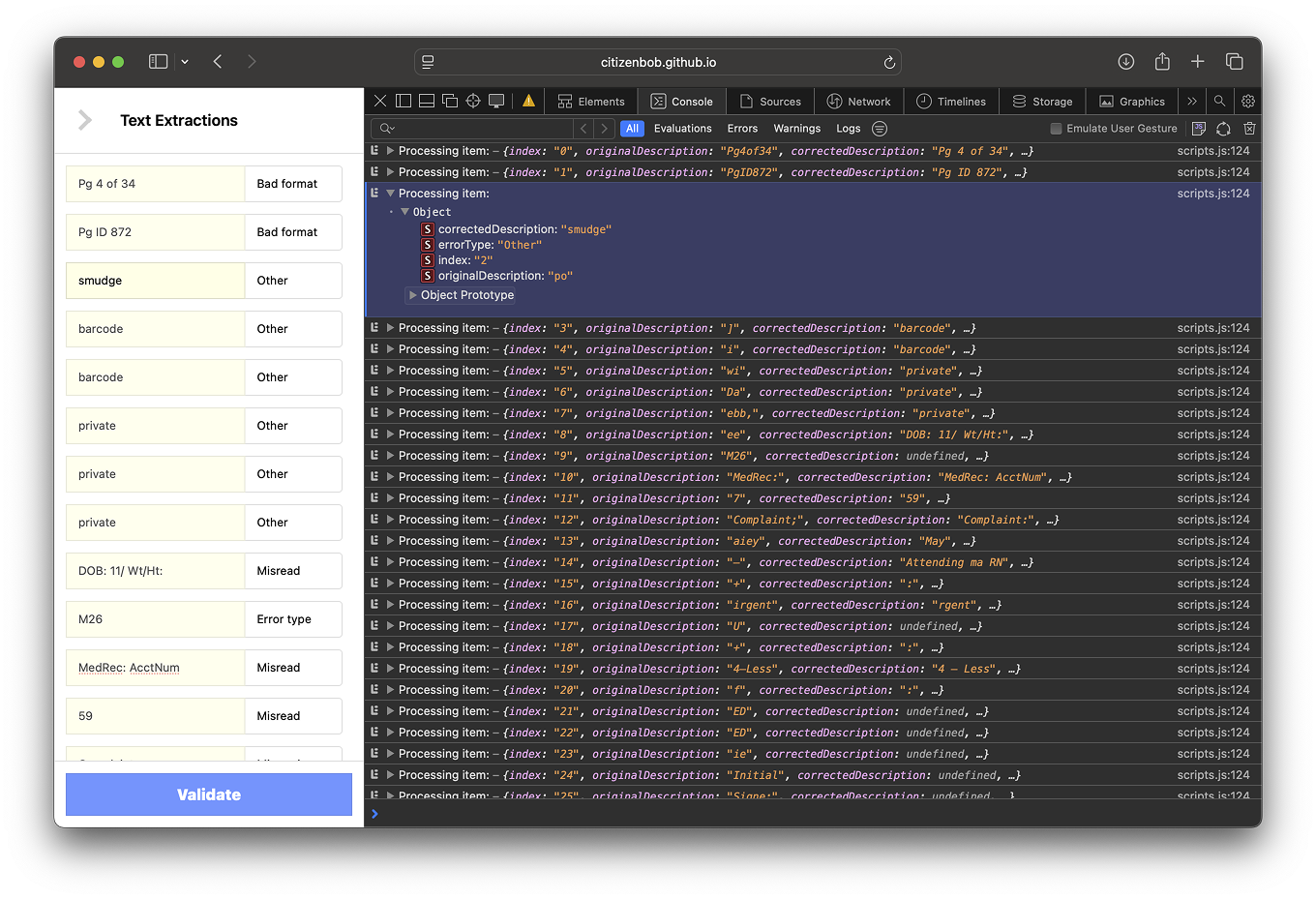 A browser window displays a web-based validation tool named “Text Extractions” alongside browser developer tools (Console tab). On the left panel, the tool lists OCR-extracted items with user-assigned error types such as “Bad format,” “Other,” “Misread,” and “Error type.” Entries include text like “Pg 4 of 34,” “Pg ID 872,” “barcode,” and “DOB: 11/ Wt/Ht.” The right panel shows the developer console log for scripts.js, detailing processed items with originalDescription, correctedDescription, errorType, and index values. Several logs show corrected text values like “Complaint” and “Attending an RN.” A blue “Validate” button appears at the bottom of the tool.
