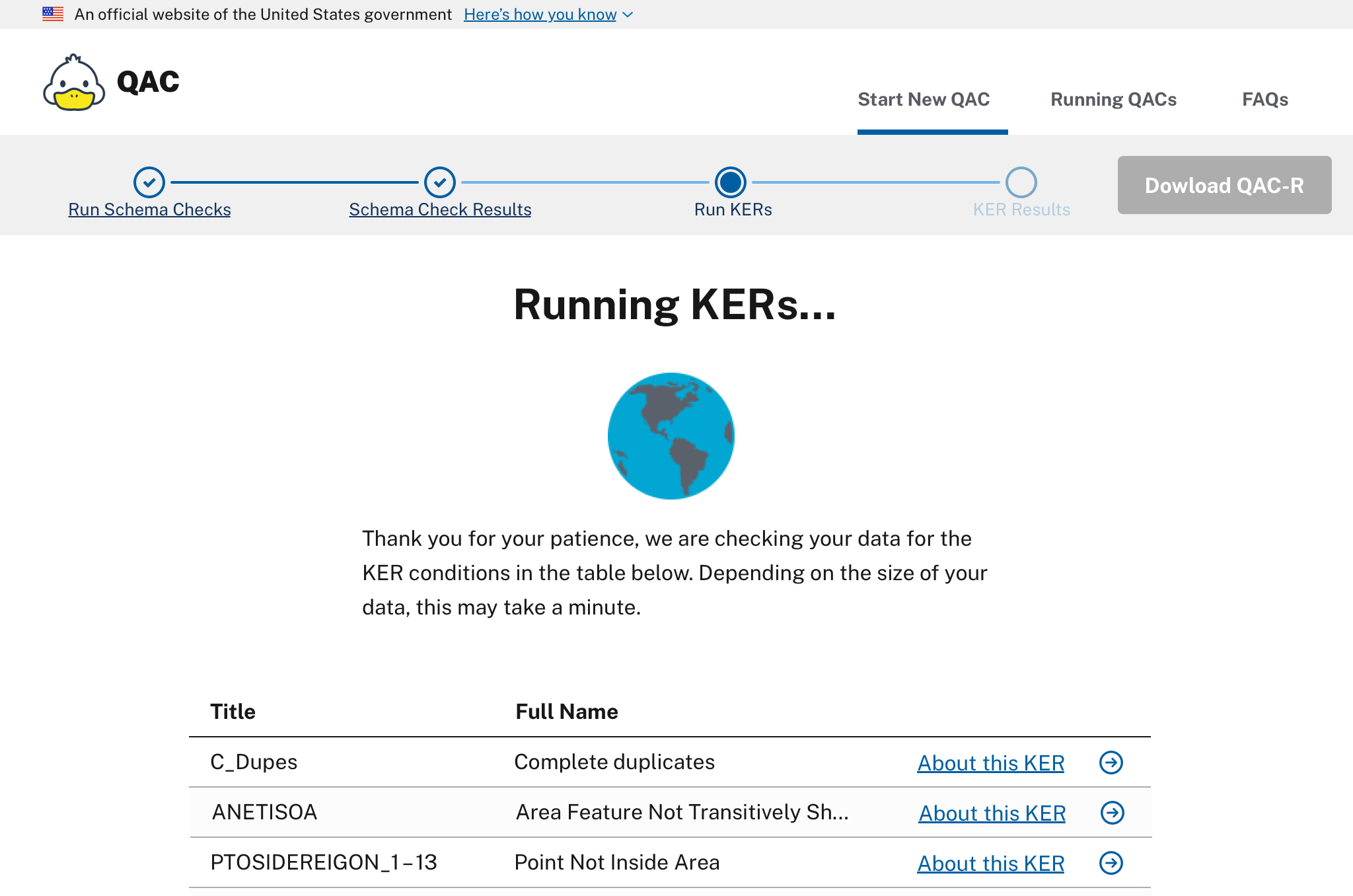 Figure of the QAC UI at the automation step where the system is processing a file to ensure it meets all Key Engineering Requirements (KERs).