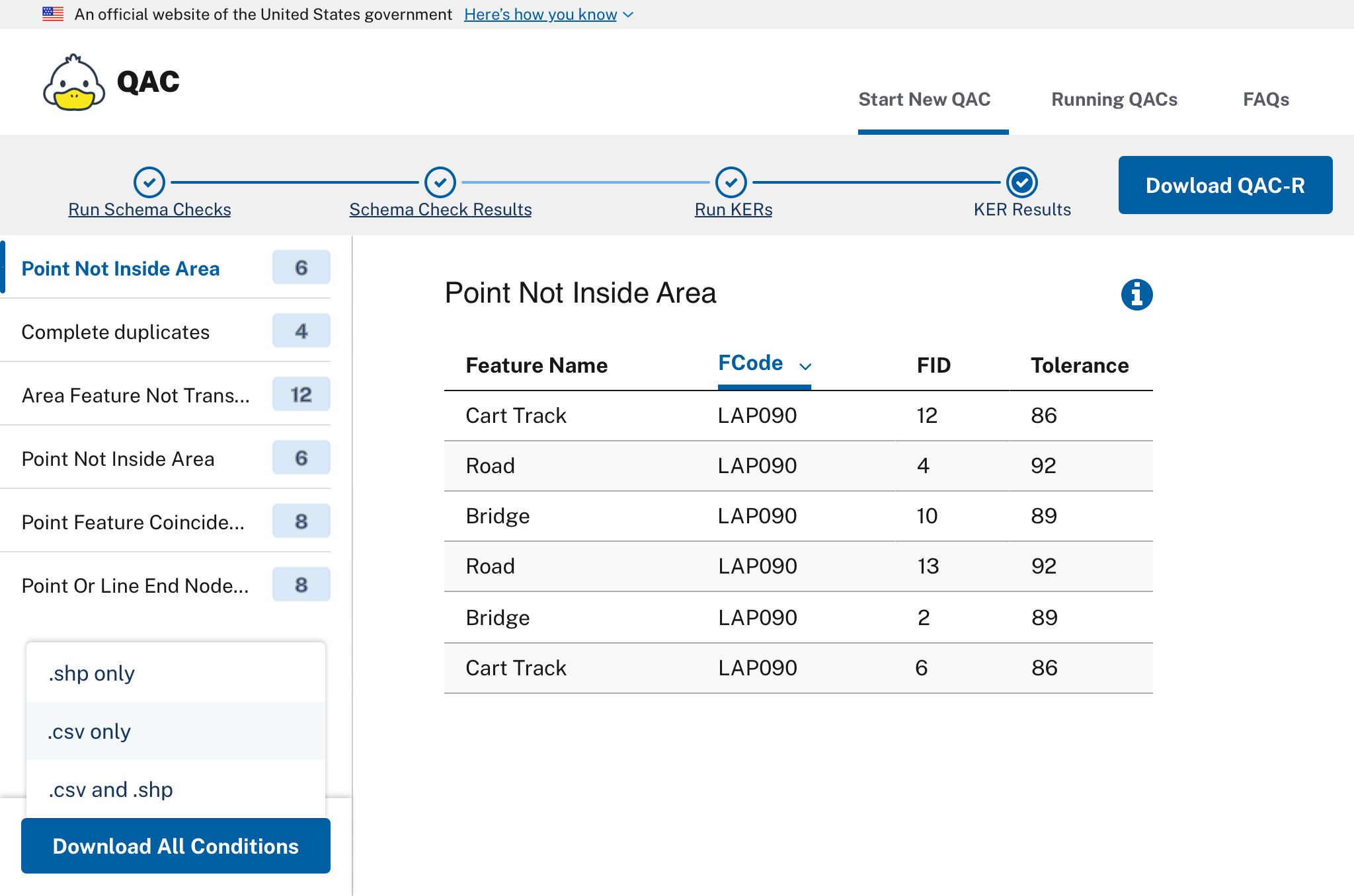 Figure of the QAC UI at the final step where exceptions are displayed which failed the KERs (Key Engineering Requirements).