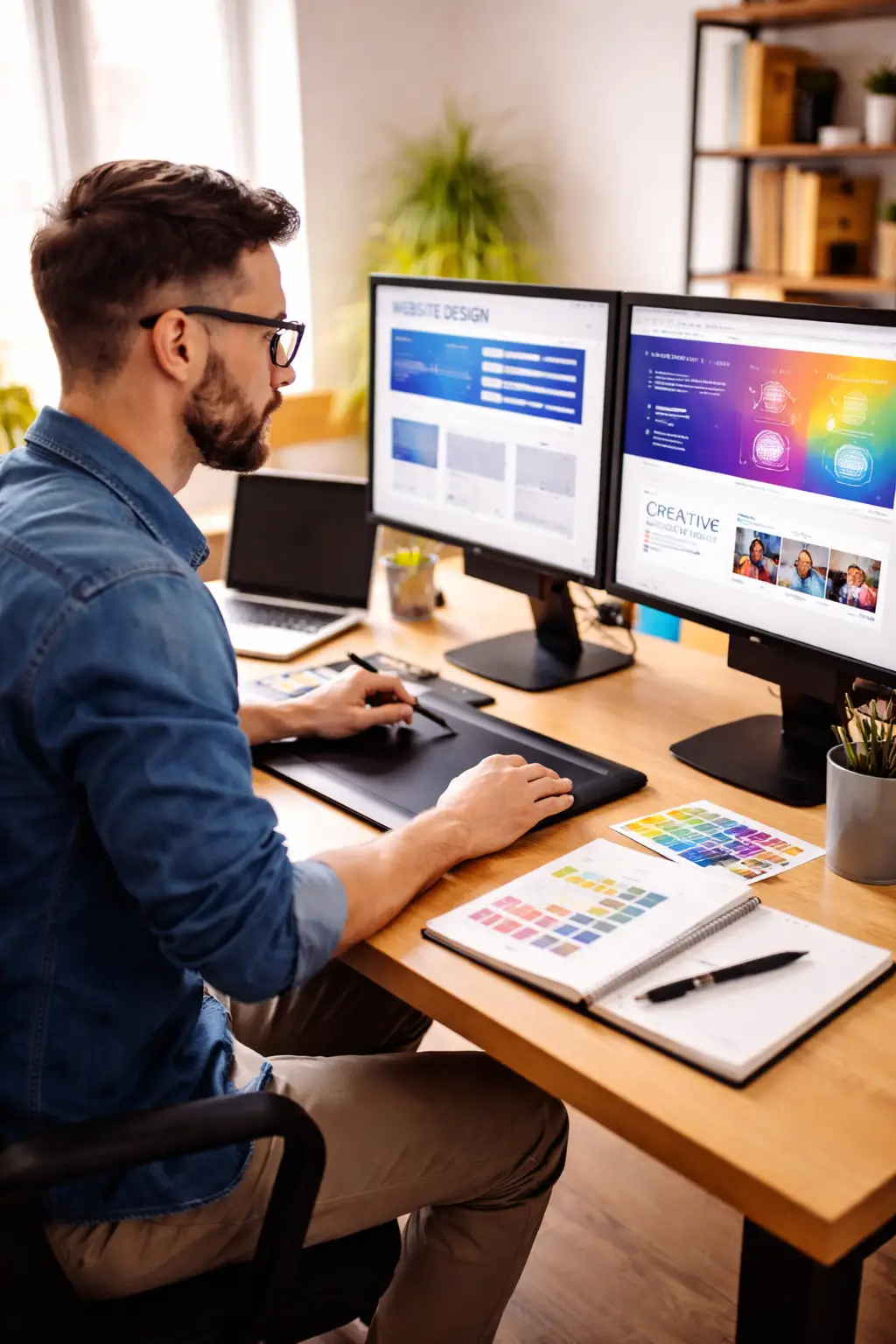 Professional web designer working at desk creating website design and layout on dual monitors
