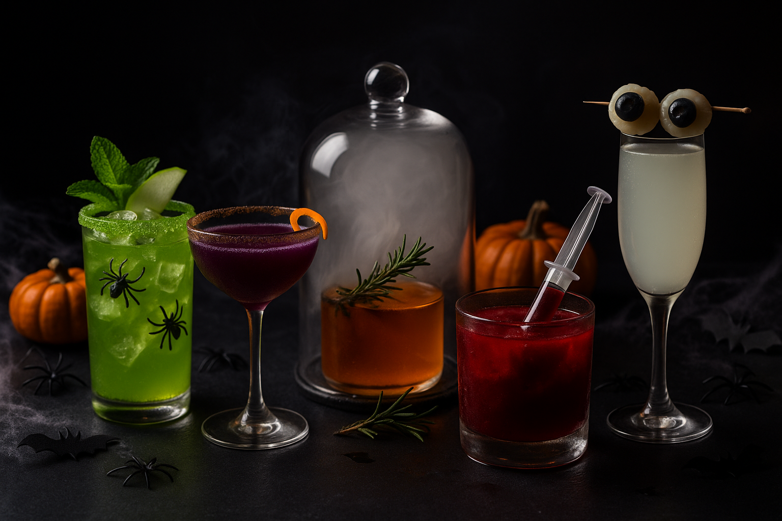 Cinq mocktails d’Halloween sans alcool, yeux litchi et cloche fumée.