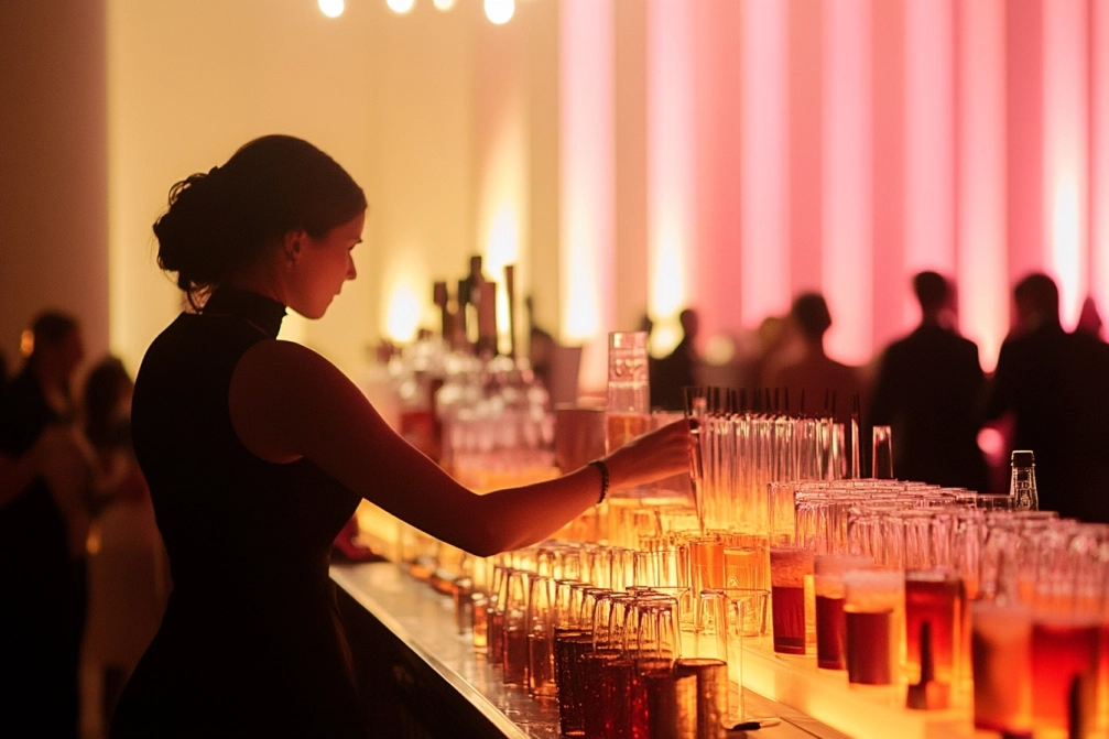 Mixologue derrière un bar à cocktails éclairé pendant une soirée