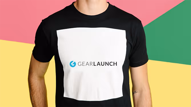 Person wearing a black T-shirt with a white square featuring the GearLaunch logo in the center.
