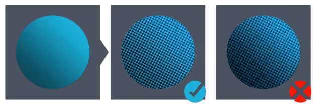 Graphic showing a solid blue sphere on the left, a sphere with a uniform blue dot pattern and a check mark in the middle, and a sphere with a non-uniform dot pattern and a red X on the right.