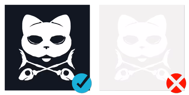 Two cat faces with crossed fish skeletons below; left illustration is dark background with white shapes and blue checkmark, right is light background with white shapes and red cross mark.