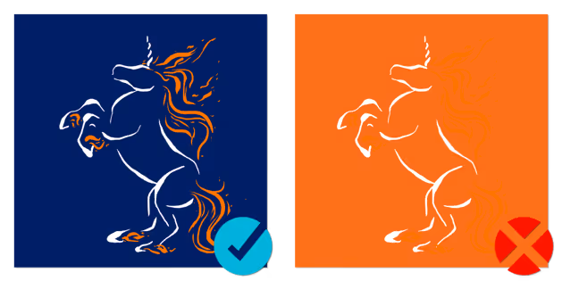 Two stylized unicorn illustrations side by side, left in dark blue with orange flames and a teal check mark, right in orange with faint flames and a red X mark.
