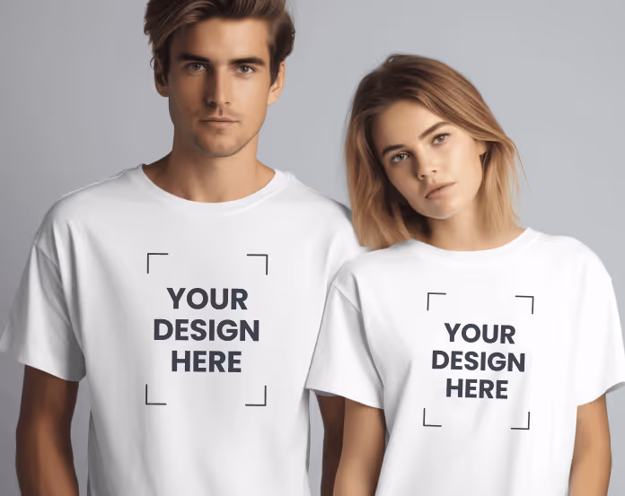 Young man and woman wearing white t-shirts with 'YOUR DESIGN HERE' text placeholders.