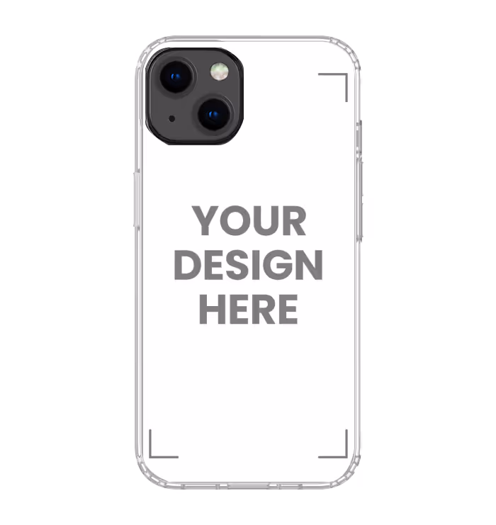 Clear phone case on iPhone with dual camera and text placeholder saying 'YOUR DESIGN HERE'.