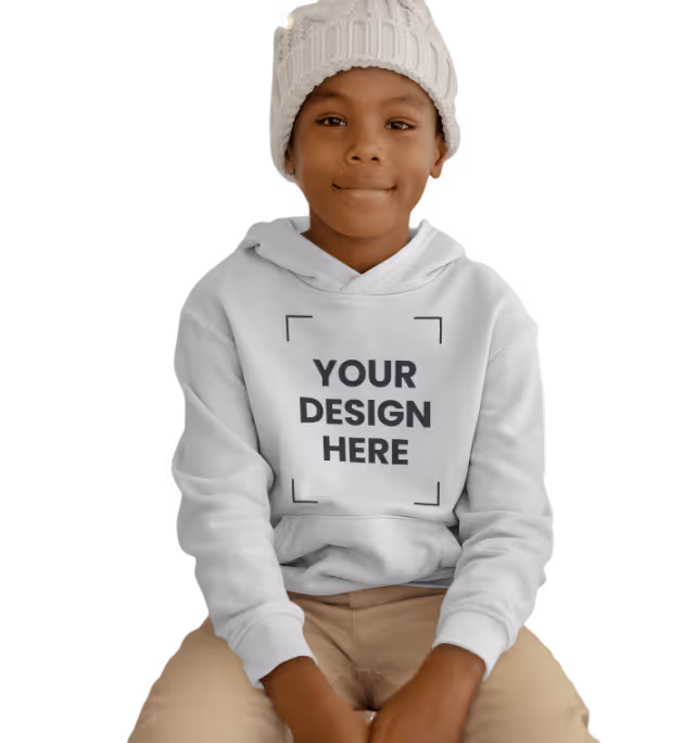 Child wearing a white knit hat and white hoodie with text 'Your Design Here' printed on front, sitting with hands clasped.