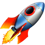 Red and silver cartoon rocket launching with flames.
