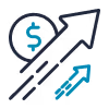 Graphic of two upward arrows and a dollar sign symbolizing financial growth.