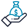 Outlined hand holding a money bag with a dollar sign.