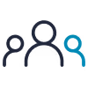 Icon of three user figures with the left and center in dark blue and the right in teal.