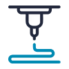 Icon of a 3D printer nozzle printing a curved turquoise line.