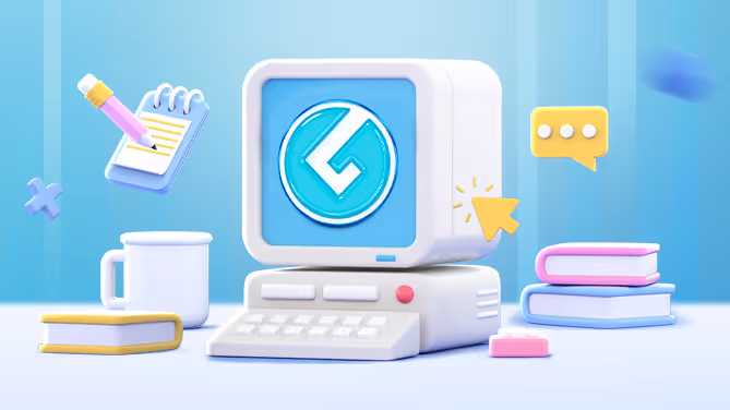 3D illustration of a retro computer with a stylized blue G logo on-screen, surrounded by books, a mug, a notepad with pencil, and chat and cursor icons on a blue background.