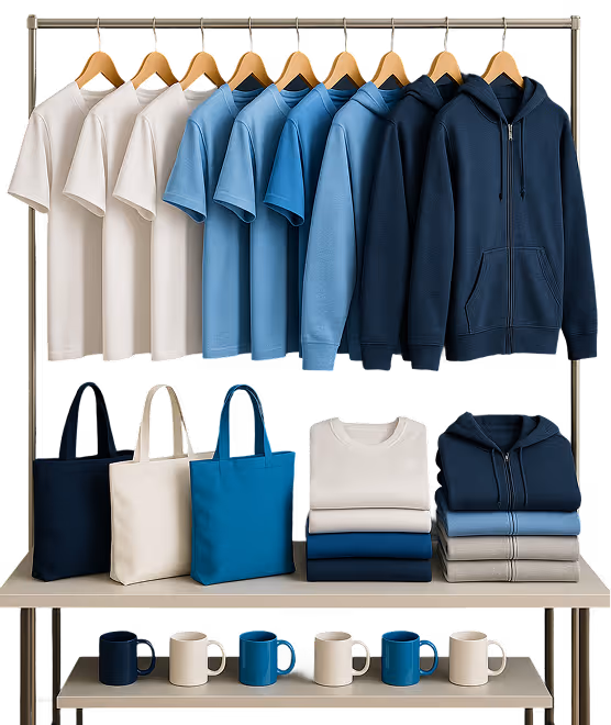 Clothing rack displaying cream, light blue, and dark blue t-shirts and hoodies, with matching tote bags, folded clothes, and mugs in corresponding colors on shelves below.