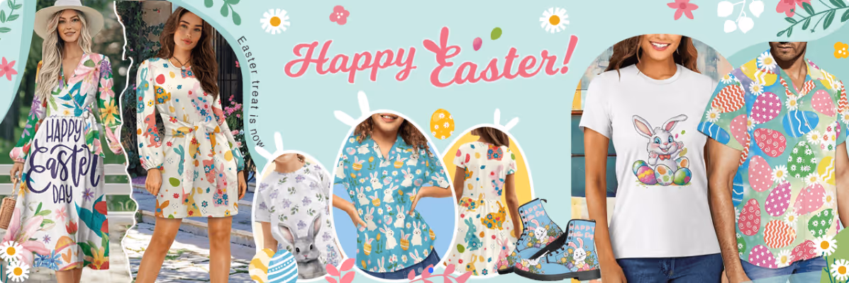 Collage of people wearing colorful Easter-themed clothing and accessories with 'Happy Easter!' text and decorative flowers and eggs on a pastel background.