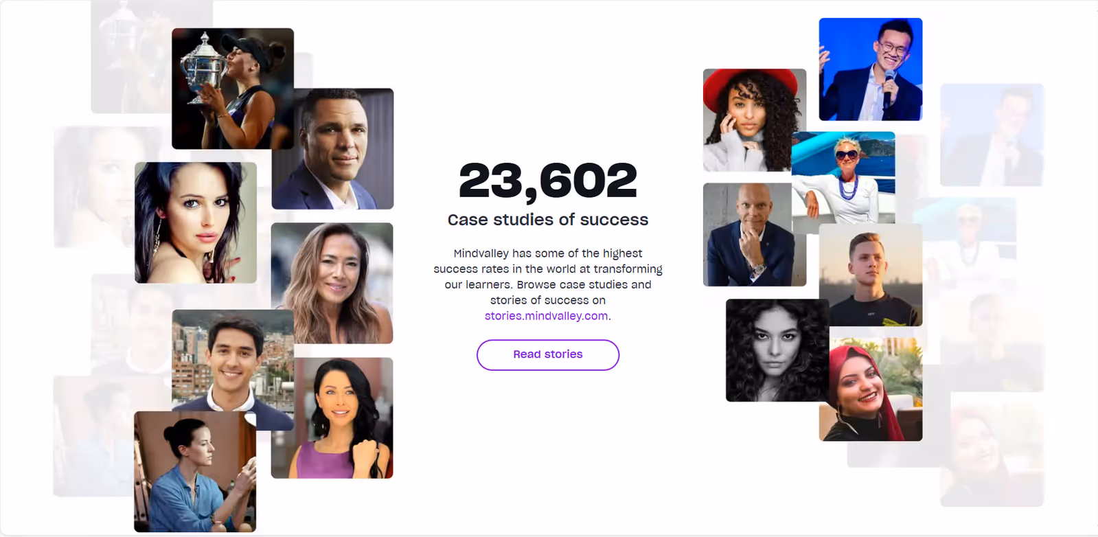Collage of diverse individuals surrounding text highlighting 23,602 case studies of success from Mindvalley learners with a link to read stories.