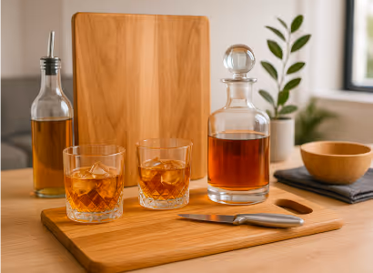 Two glasses of whiskey with ice, a whiskey decanter, a bottle of whiskey, a knife, and a wooden bowl on a table with a wooden cutting board and a small potted plant in the background.