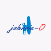 Logo with blue silhouette of a surfer holding a surfboard and the text 'johnnie-O' in blue and red cursive letters.