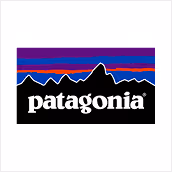 Patagonia brand logo with a mountain silhouette and colorful stripes.