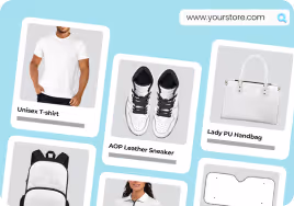 Online store product grid showing unisex T-shirt, AOP leather sneakers, lady PU handbag, and backpack with search bar www.yourstore.com.