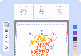 Digital design interface showing a 'Best Mom Ever' floral graphic being edited on a tablet, with category icons for Home & Decorations, Bags, and Women's Clothing above.