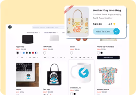 Online shopping webpage featuring a Mother Day Handbag with a floral design, priced at $45.90, 4.9-star rating, and an ‘Add to Cart’ button, along with other handbag product listings below.
