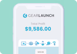 Smartphone screen showing GearLaunch app with total profit of $9,586.00 displayed.