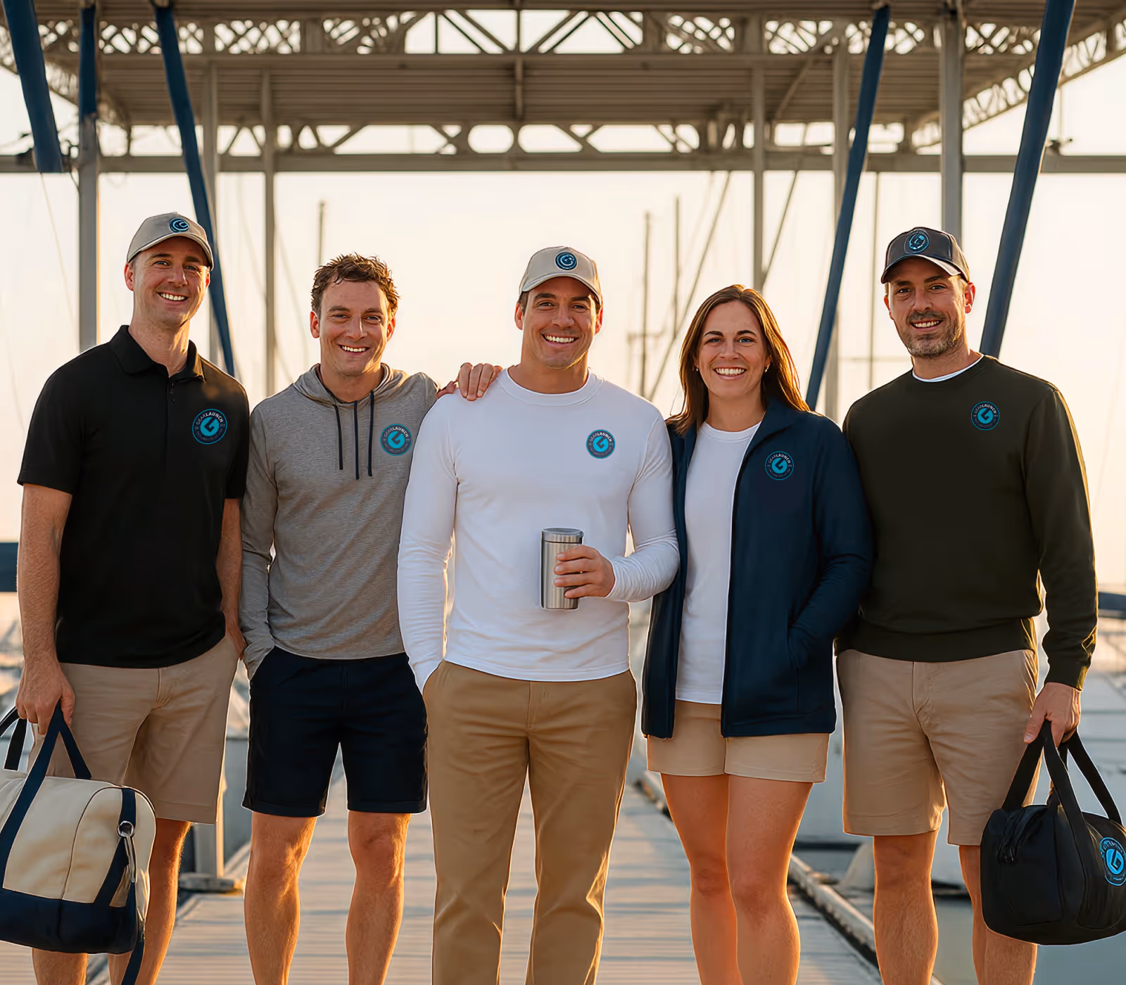 Five smiling people in casual branded clothing standing together on a dock at sunset, two holding duffel bags.