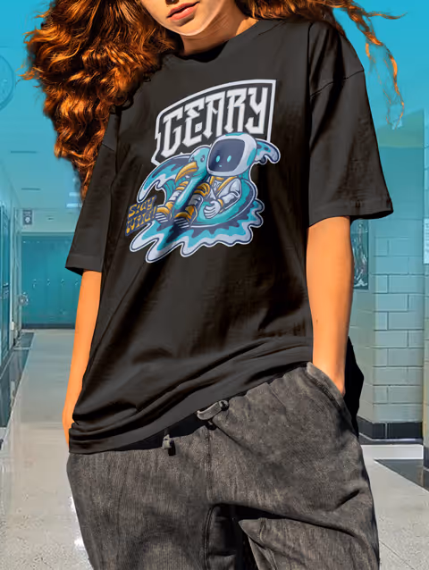 Person wearing a black T-shirt with a colorful design of a robot on a jet ski and the text 'GERRY' and 'Stay Wild'.