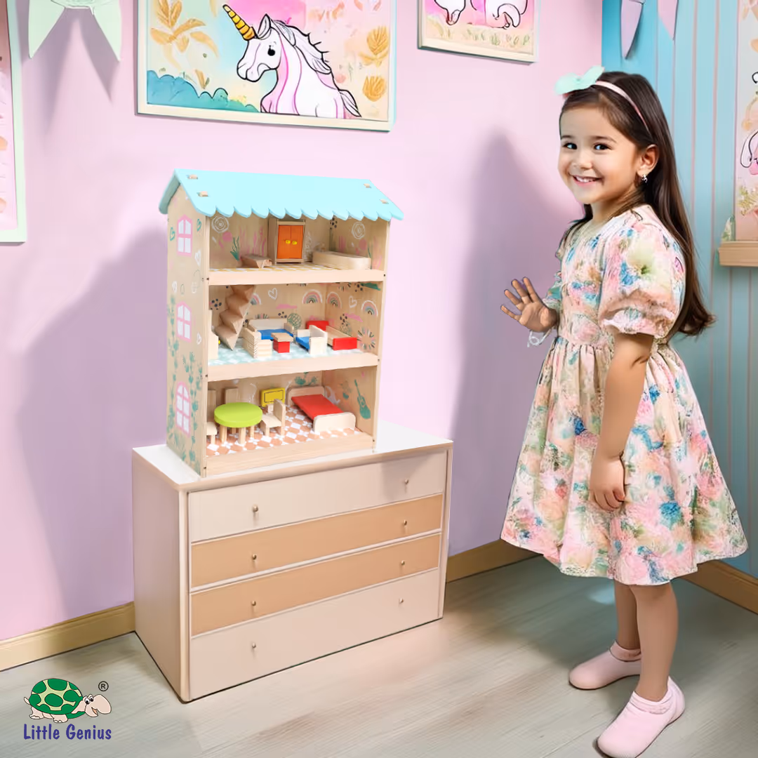 Wooden Dollhouse with Furniture, 3-Story Kids Play House