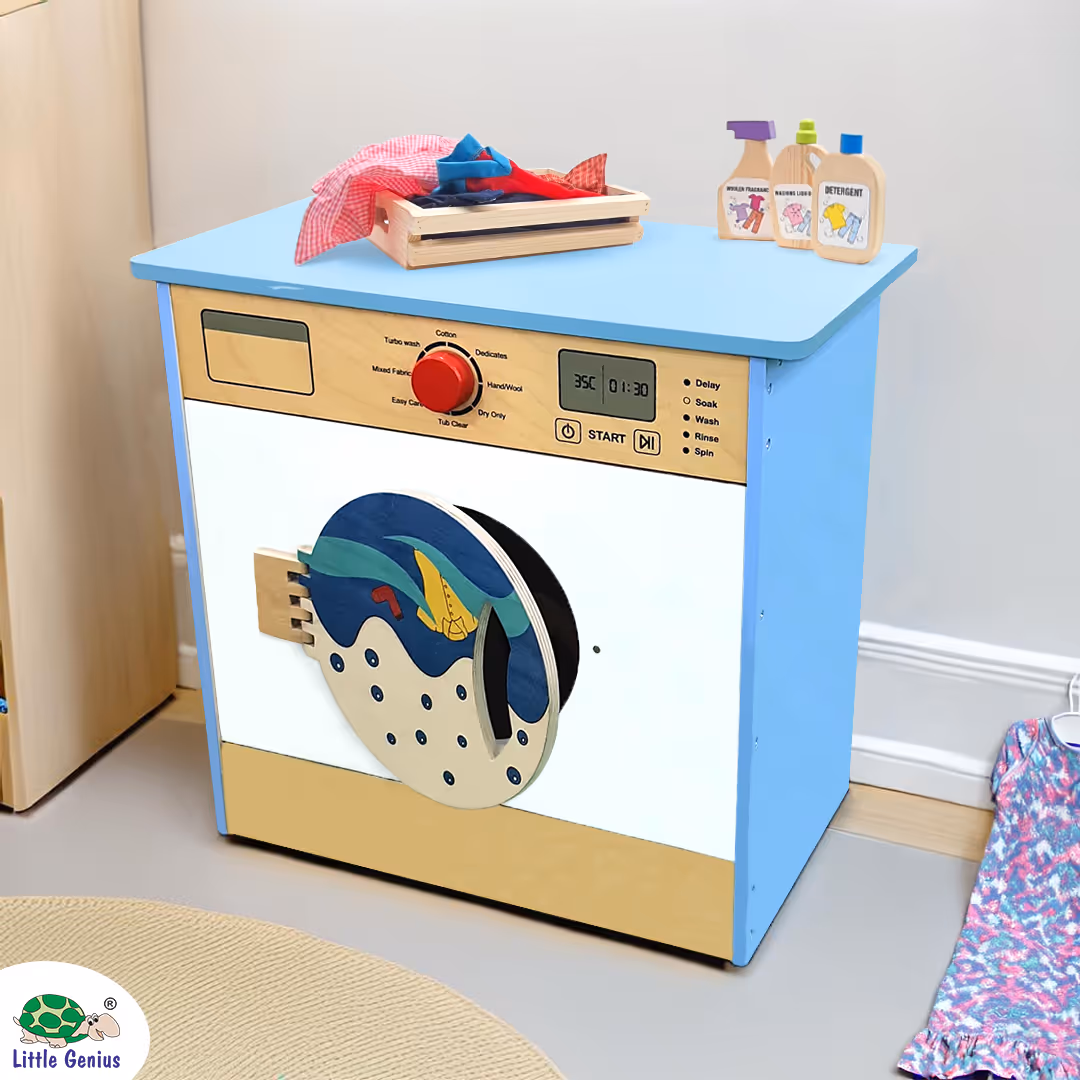 Kids Wooden Washing Machine Toy, Blue and Beige