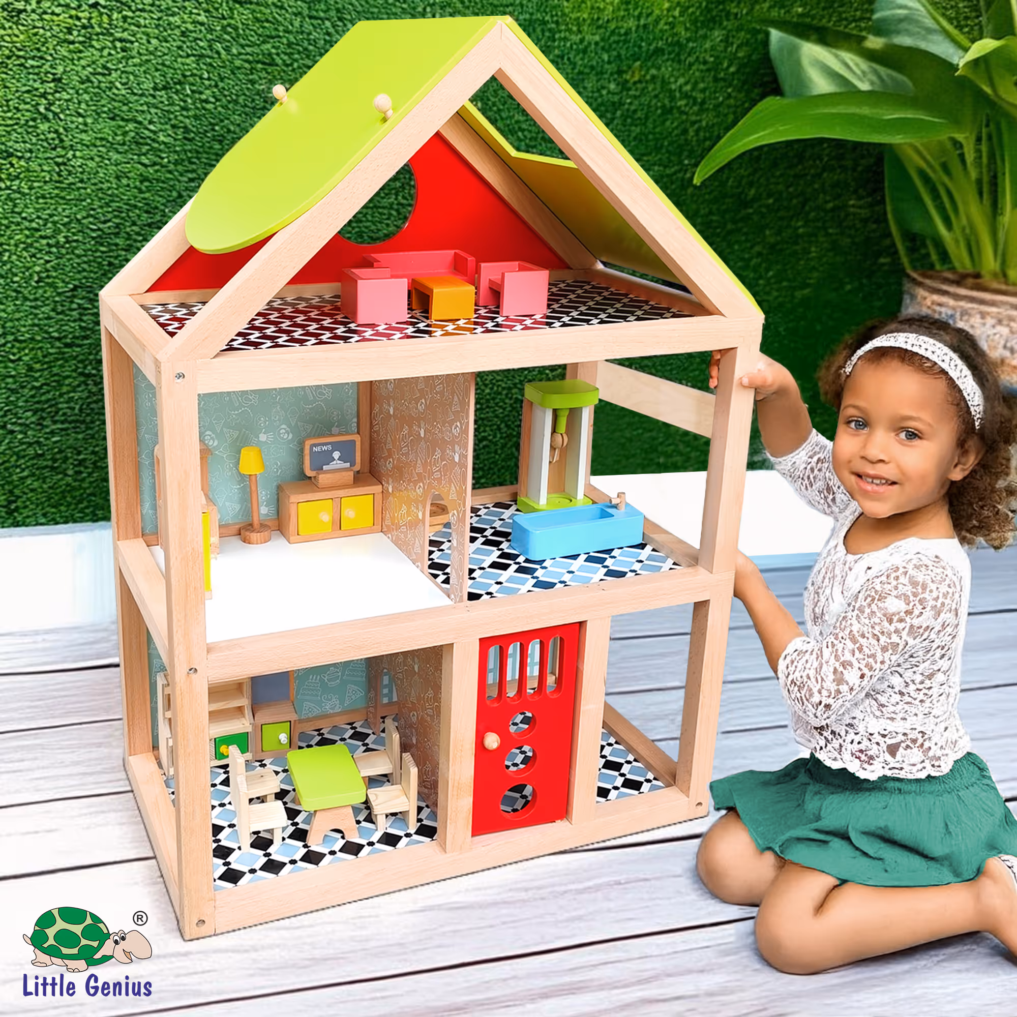 Wooden Dollhouse with Furniture, 3 Floors, Modern Design