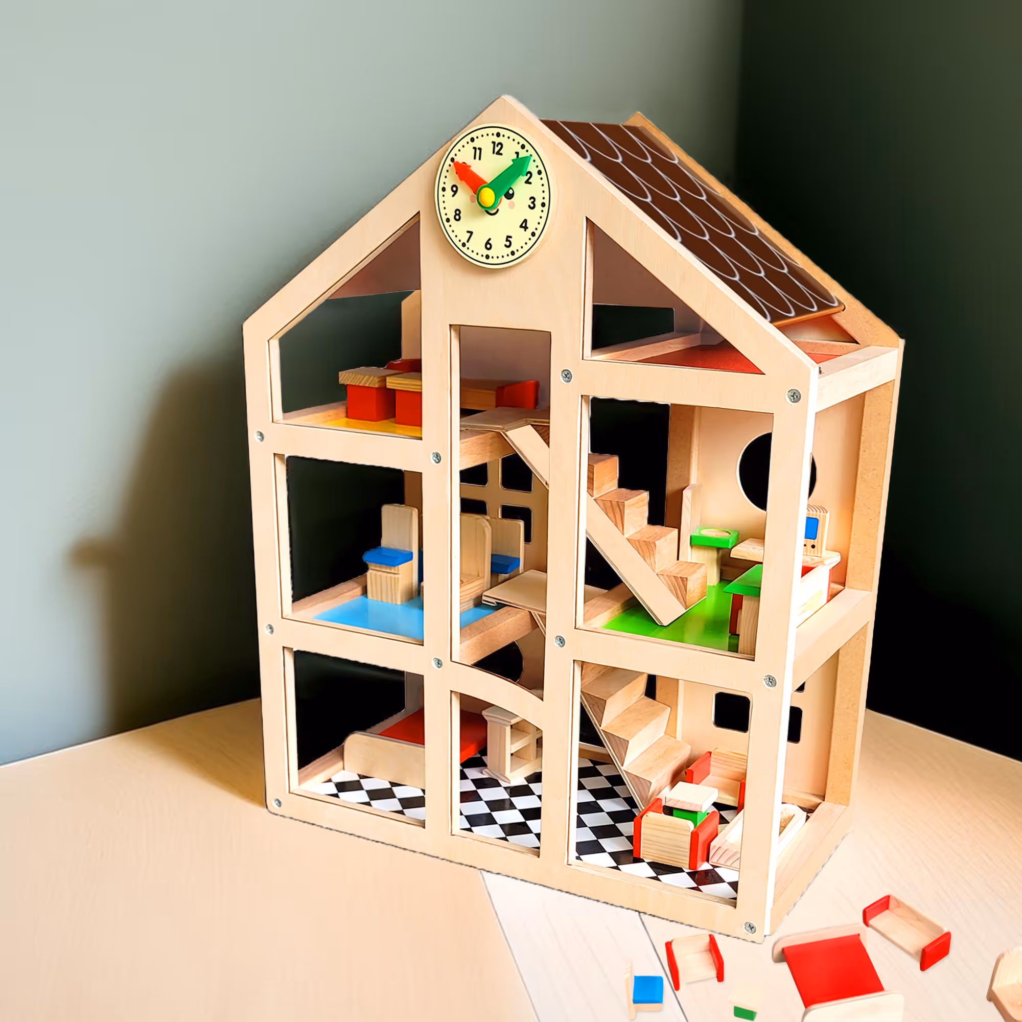 Wooden 3-Story Dollhouse with Movable Clock