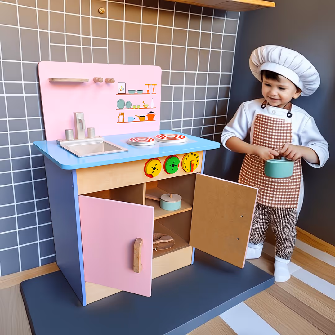 Wooden Play Kitchen Set with Storage Cabinet