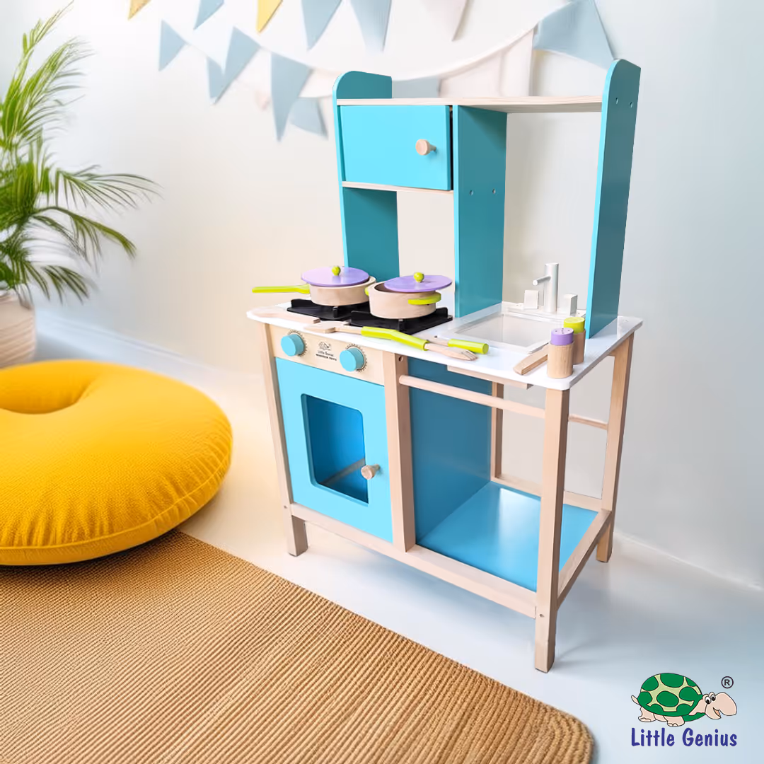 Wooden Play Kitchen Set for Kids, Turquoise Blue Color
