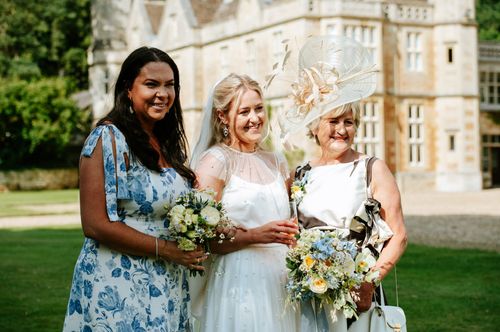 pale yellow and blue bridal bouquet at Exton park