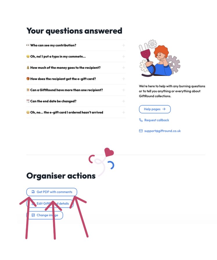 GiftRound collection page showing an action button 'Get PDF with comments'