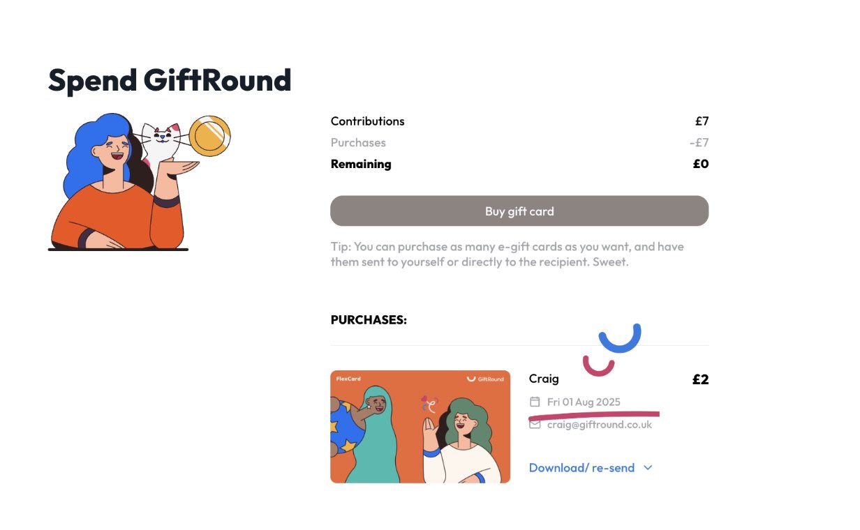 GiftRound collection showing the date of purchase of an e-gift card