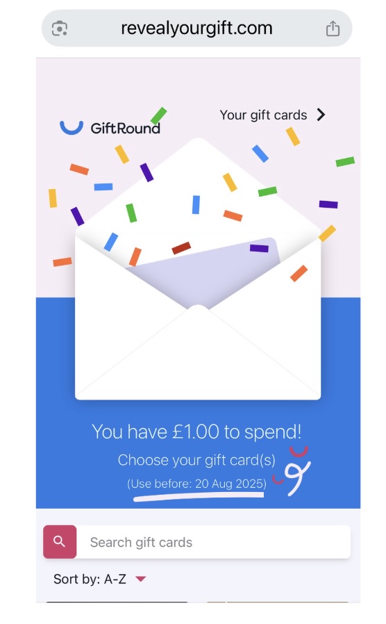 FlexCard swap page showing the expiry date of the e-gift card