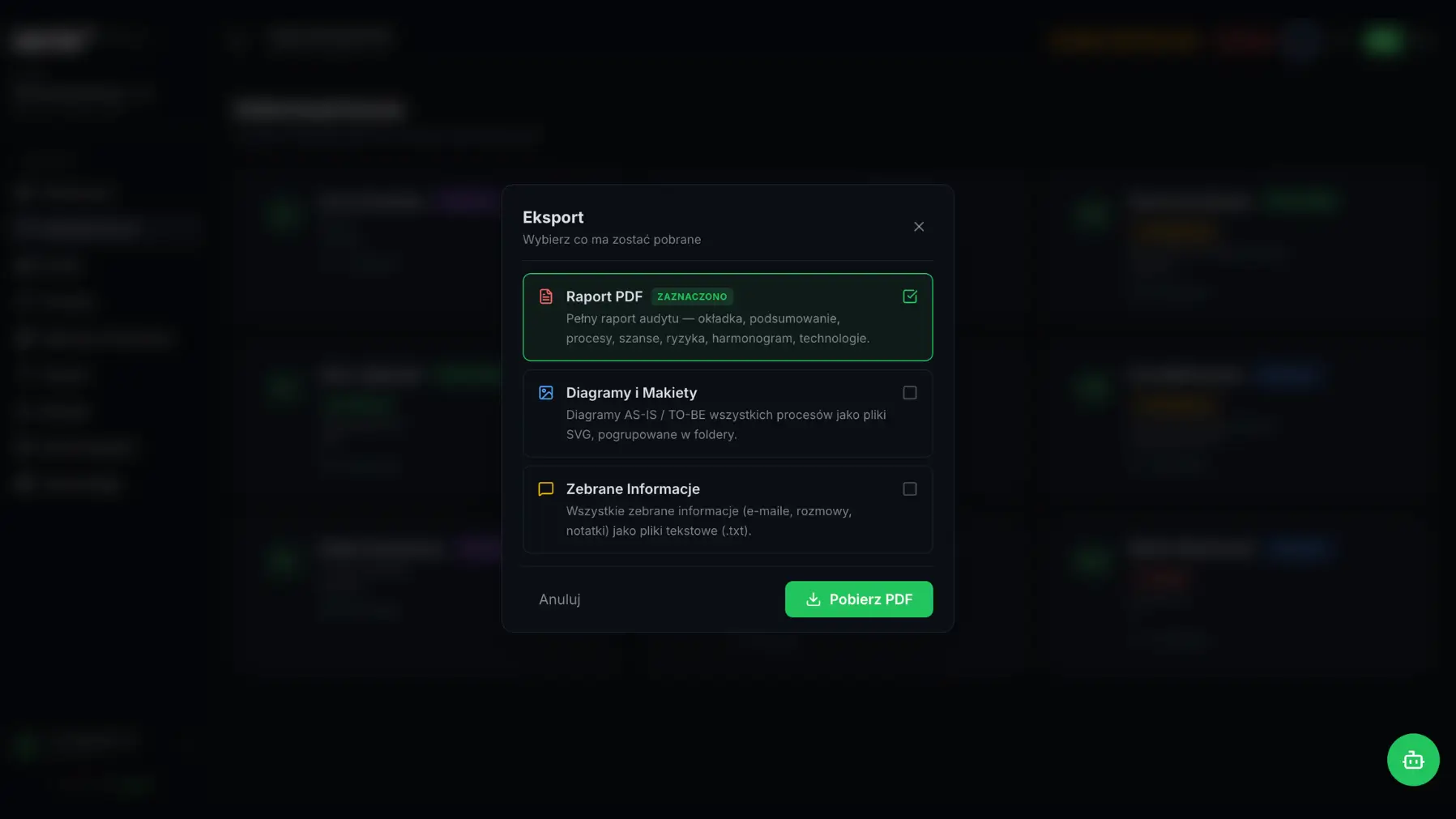 Okno eksportu z opcjami pobrania raportu PDF