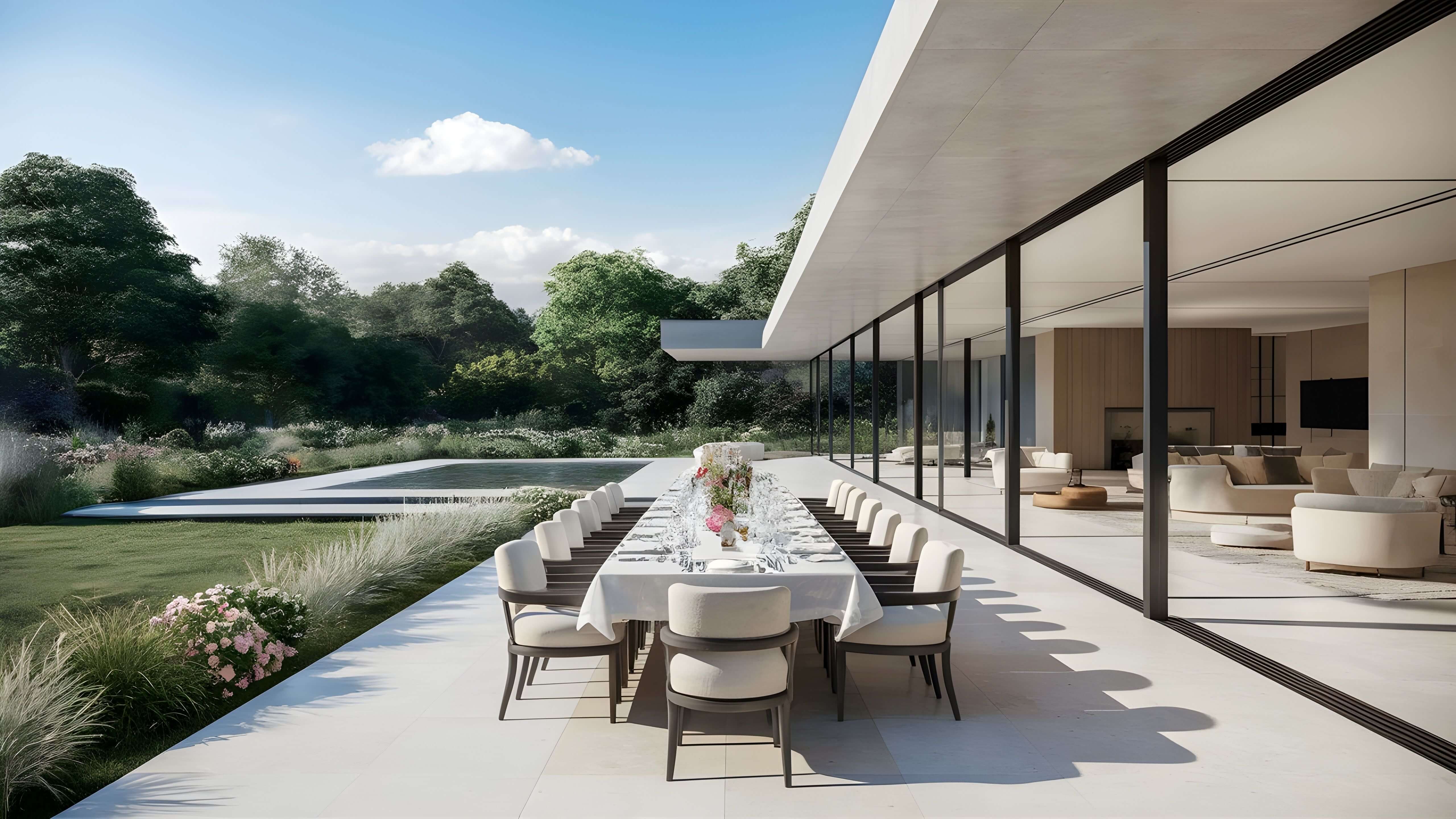 Design visualization of a light beige stone terrace with outdoor dining beside a modern glass-fronted home and landscaped garden.
