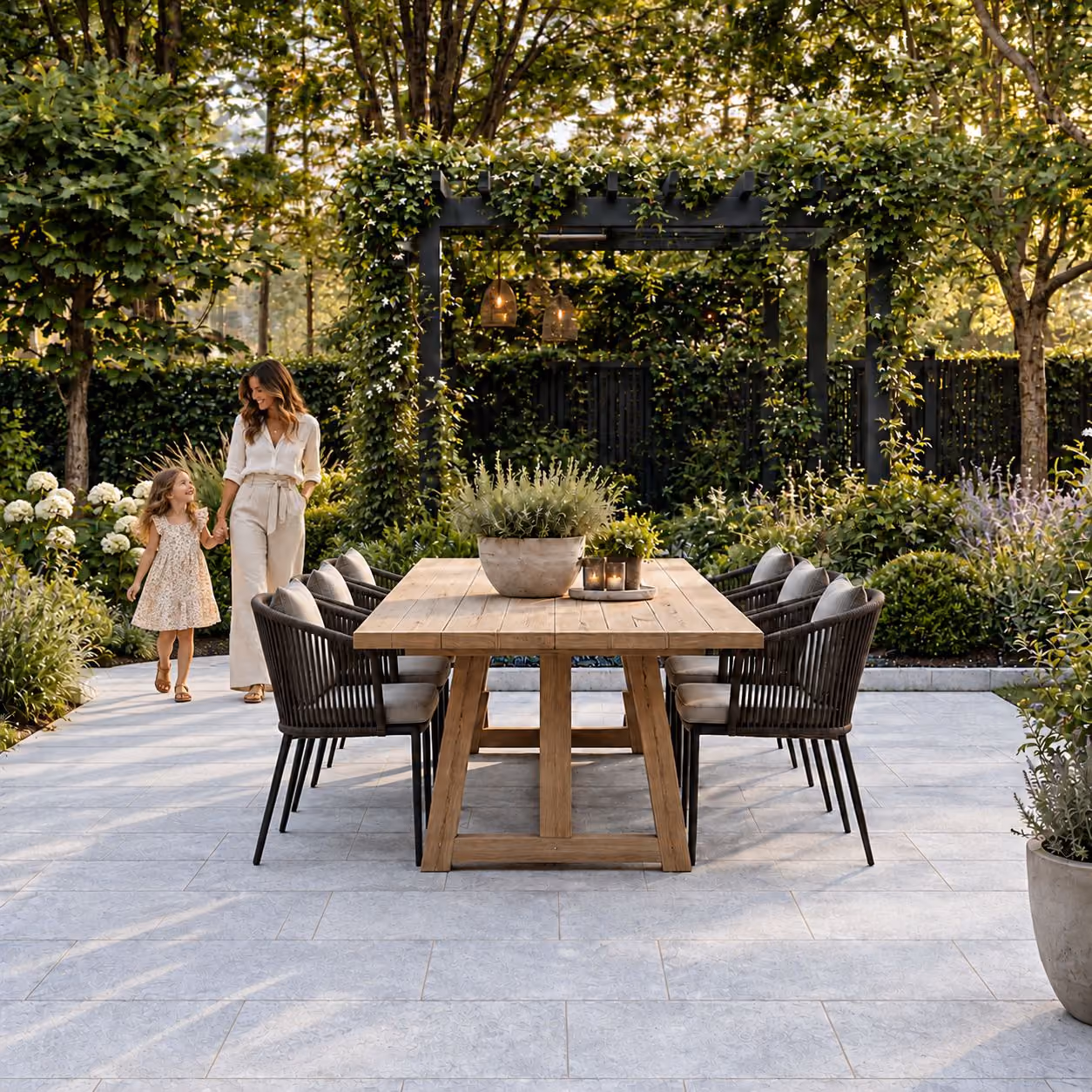 Ice Blue pavers on a garden patio with a wooden dining table beneath a leafy pergola.
