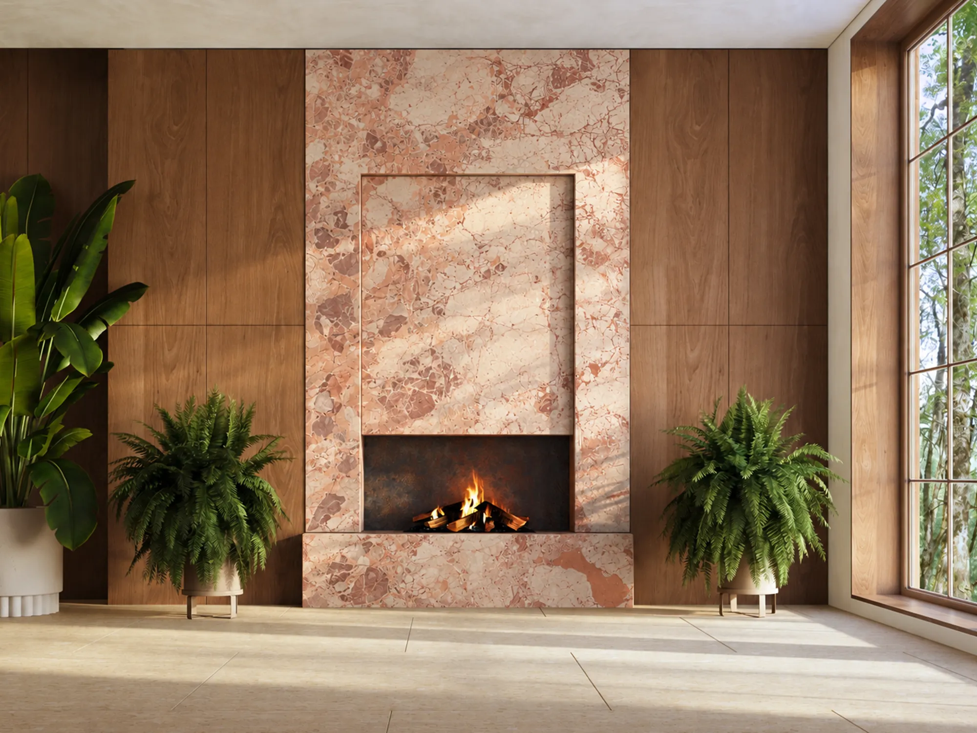 Rosso Breccia slabs cladding a floor-to-ceiling fireplace between wood-paneled walls.