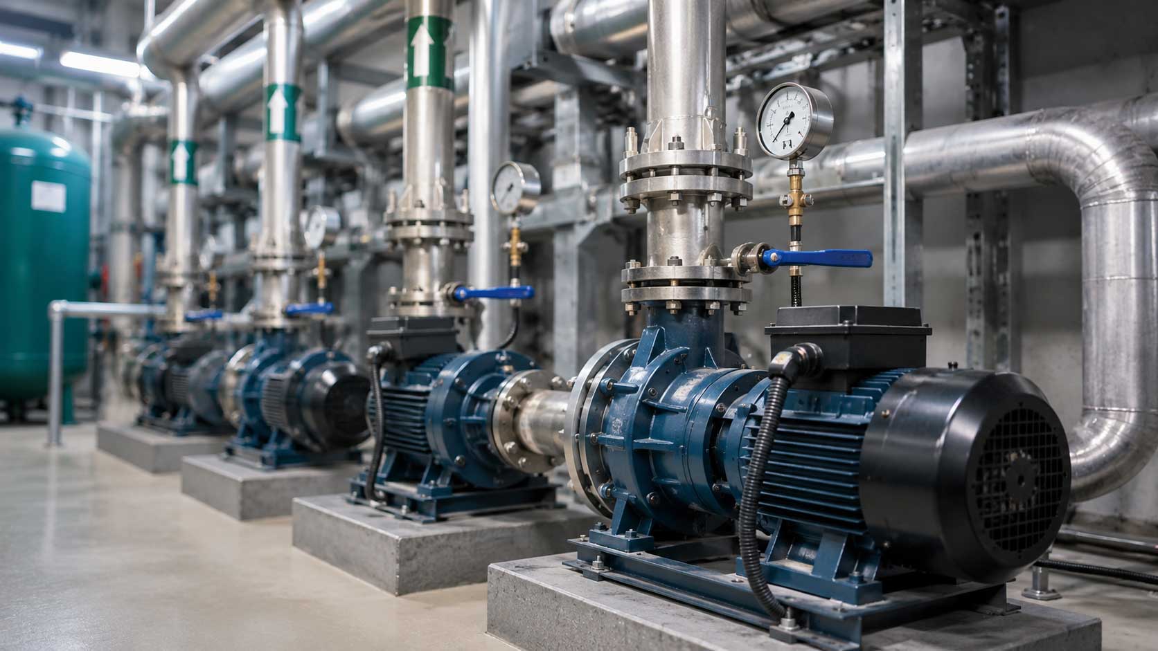 Variable speed HVAC pumps operating in a commercial hydronic plant room