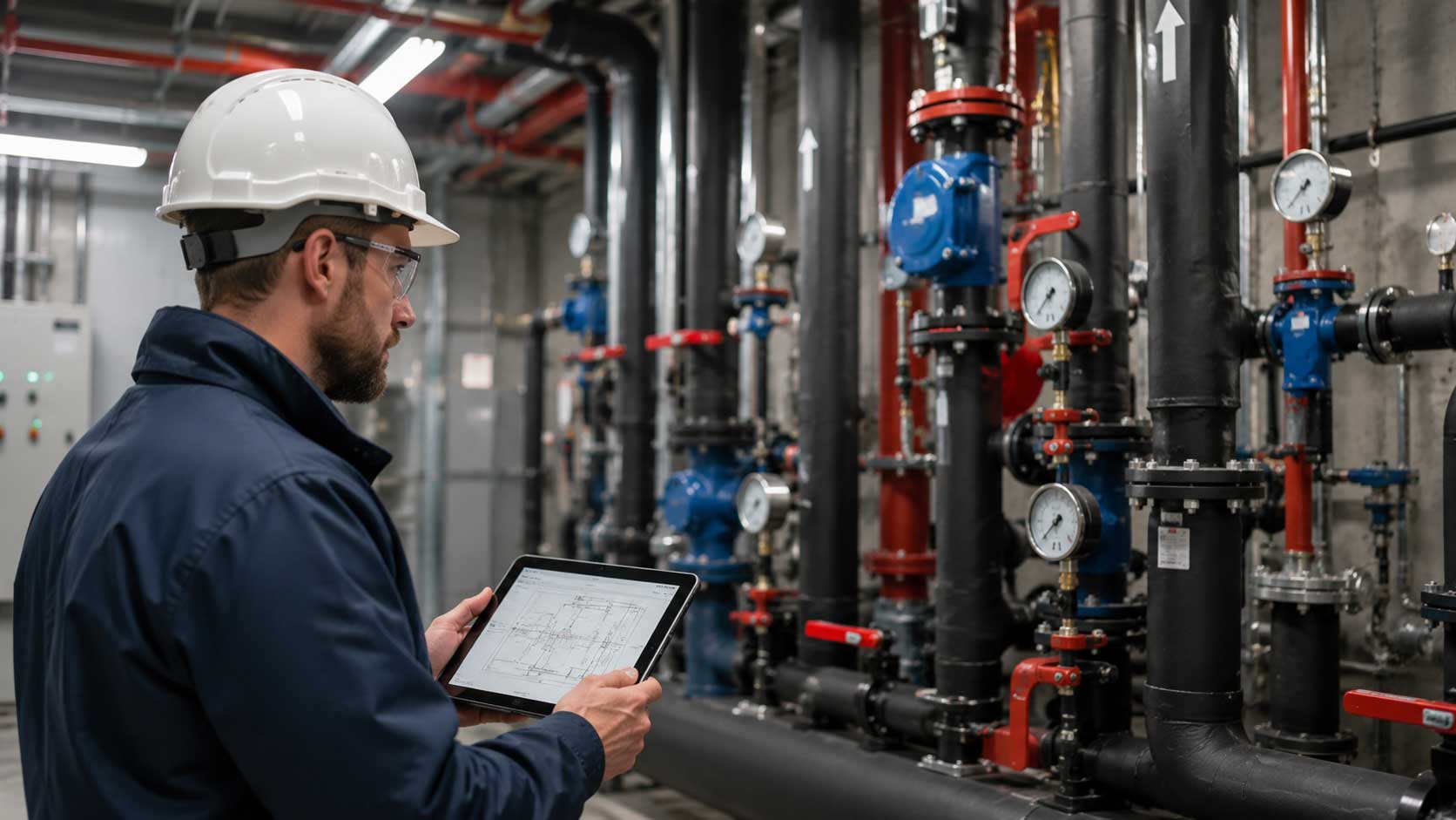 HVAC engineer inspecting a hydronic piping system to identify design issues affecting energy efficiency